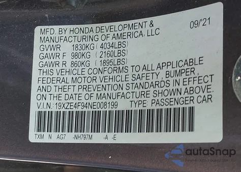 2022 Honda Insight Touring z USA, uszkodzony, nr VIN 19XZE4F94NE008199